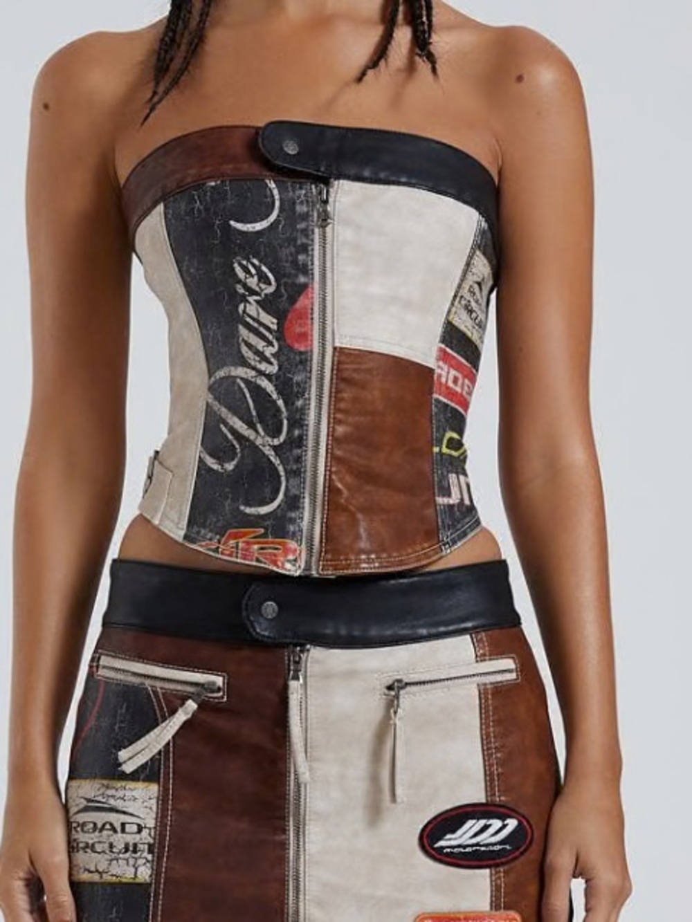 Jaded London Daytona Faux Leather Corset Top in Brown & Blue